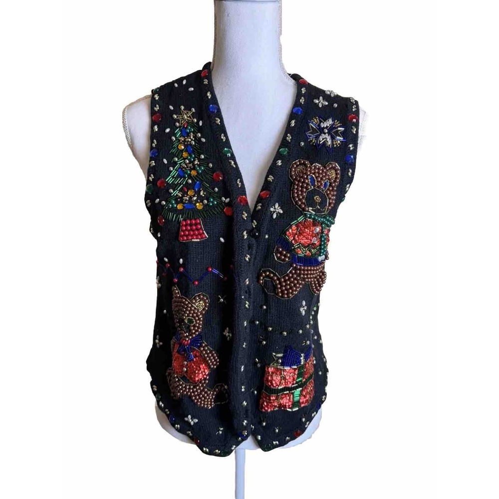 Vintage Yarnworks Vest Women's Medium Black Christmas Sweater Teddy Bears Tree